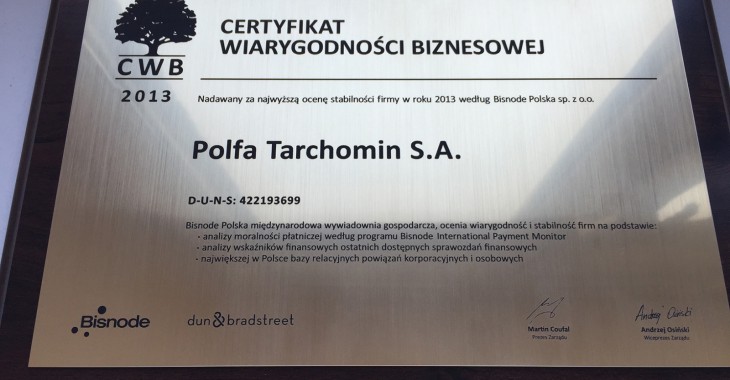 Certyfikat Wiarygodności Biznesowej dla Polfy Tarchomin